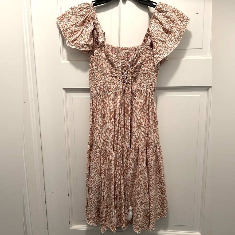 Khush Quinn mini dress, tan and white, size medium